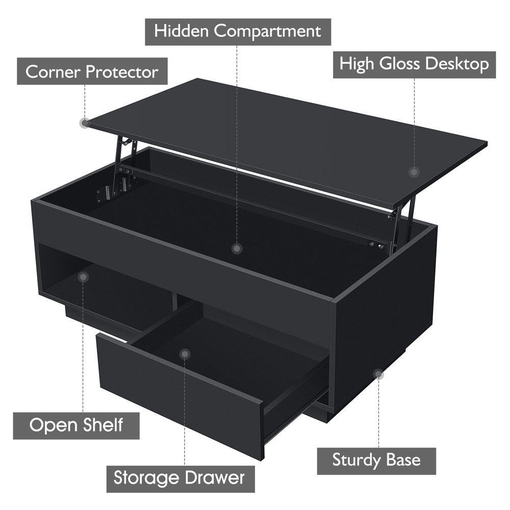 Lift Top Coffee Table with LED Modern 40" Rectangle Sofa Side Cocktail Table Rising Lifting Tables with Hidden Storage Drawer Open Shelf