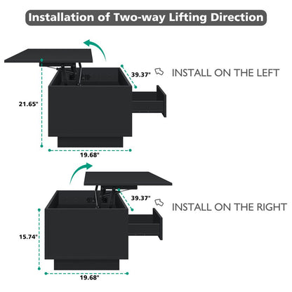 Lift Top Coffee Table with LED Modern 40" Rectangle Sofa Side Cocktail Table Rising Lifting Tables with Hidden Storage Drawer Open Shelf