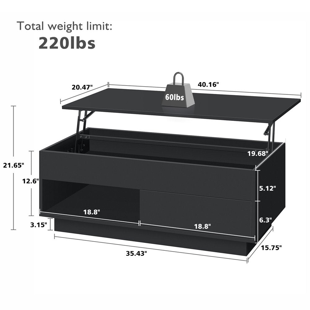 Lift Top Coffee Table with LED Modern 40" Rectangle Sofa Side Cocktail Table Rising Lifting Tables with Hidden Storage Drawer Open Shelf