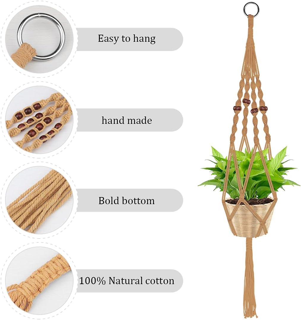 Macrame Plant Hangers Set of 4, Handmade Plant Hangers Indoor with 4 Hooks, Boho Hanging Plant Holder for Indoor Outdoor Home Decor, 4 Macrame Plant Hangers (Brown)