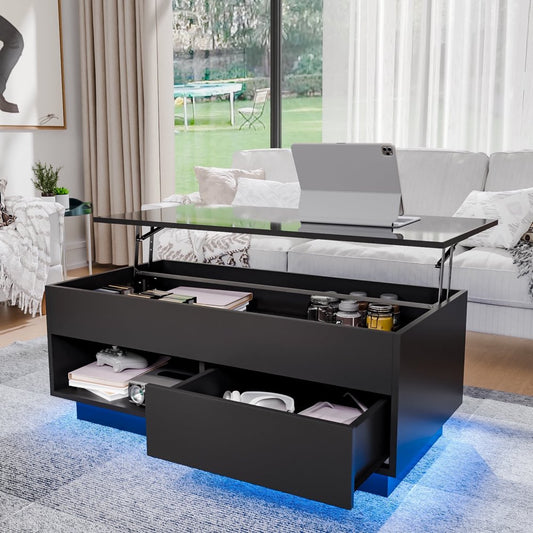 Lift Top Coffee Table with LED Modern 40" Rectangle Sofa Side Cocktail Table Rising Lifting Tables with Hidden Storage Drawer Open Shelf