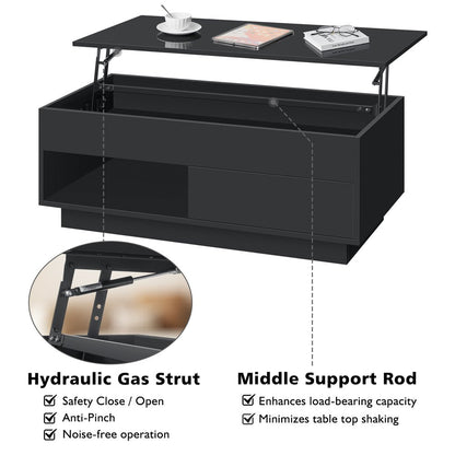 Lift Top Coffee Table with LED Modern 40" Rectangle Sofa Side Cocktail Table Rising Lifting Tables with Hidden Storage Drawer Open Shelf