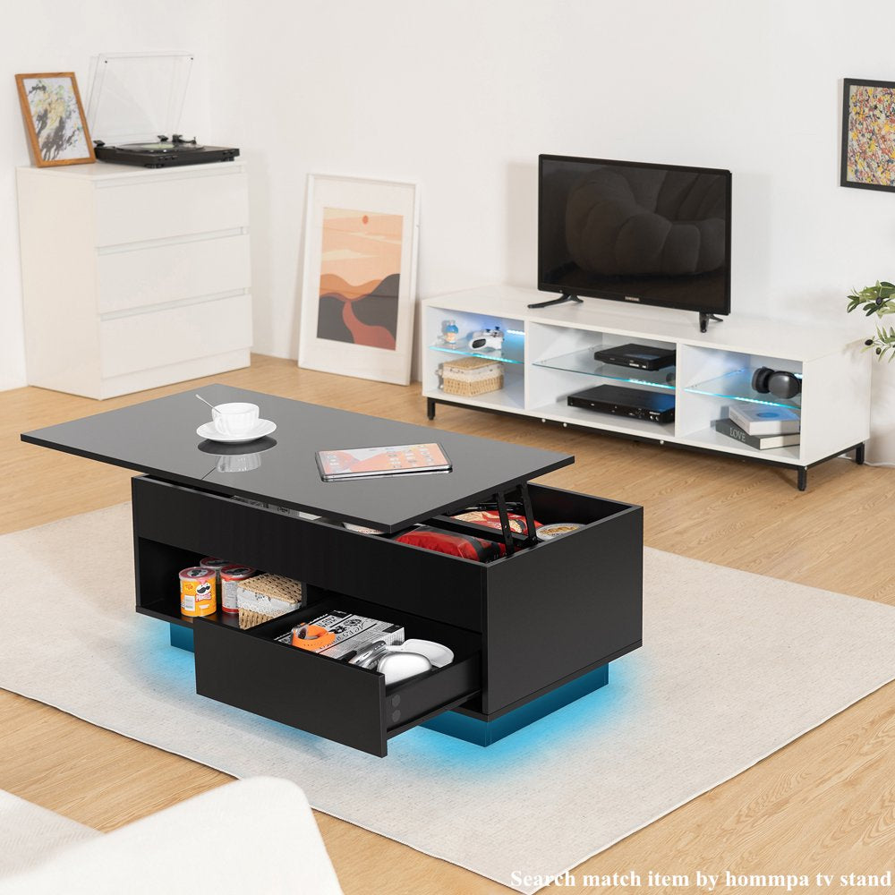 Lift Top Coffee Table with LED Modern 40" Rectangle Sofa Side Cocktail Table Rising Lifting Tables with Hidden Storage Drawer Open Shelf