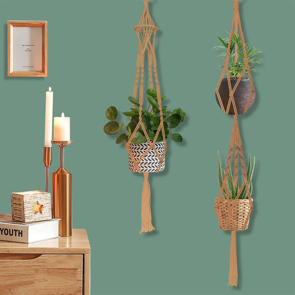 Macrame Plant Hangers Set of 4, Handmade Plant Hangers Indoor with 4 Hooks, Boho Hanging Plant Holder for Indoor Outdoor Home Decor, 4 Macrame Plant Hangers (Brown)