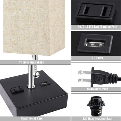 3-Color Temperature Oatmeal Table Lamp with USB Port and AC Outlet Bedside Lamps for Bedroom Nightstand Lamps Bed Small Desk Lamps for Office