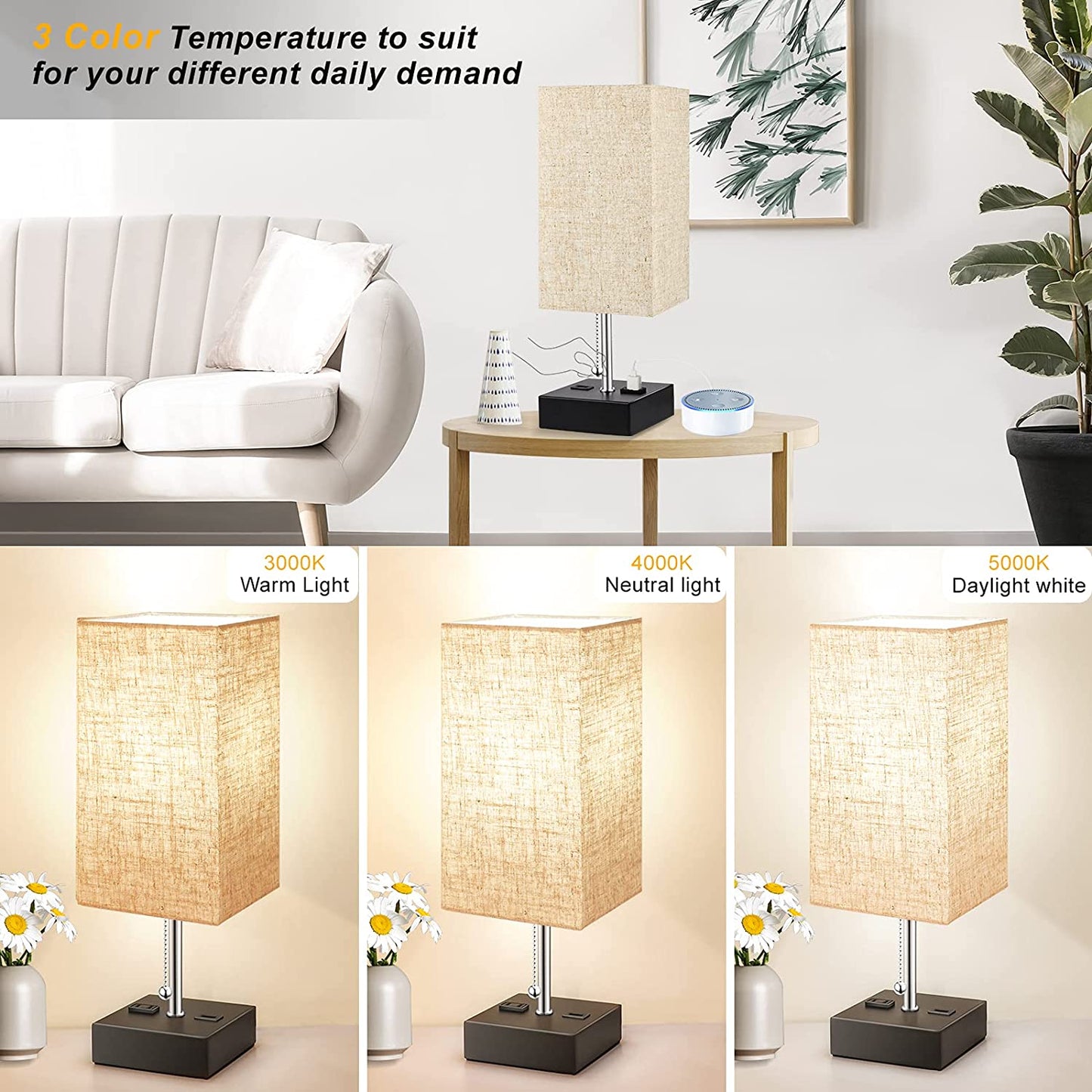 3-Color Temperature Oatmeal Table Lamp with USB Port and AC Outlet Bedside Lamps for Bedroom Nightstand Lamps Bed Small Desk Lamps for Office