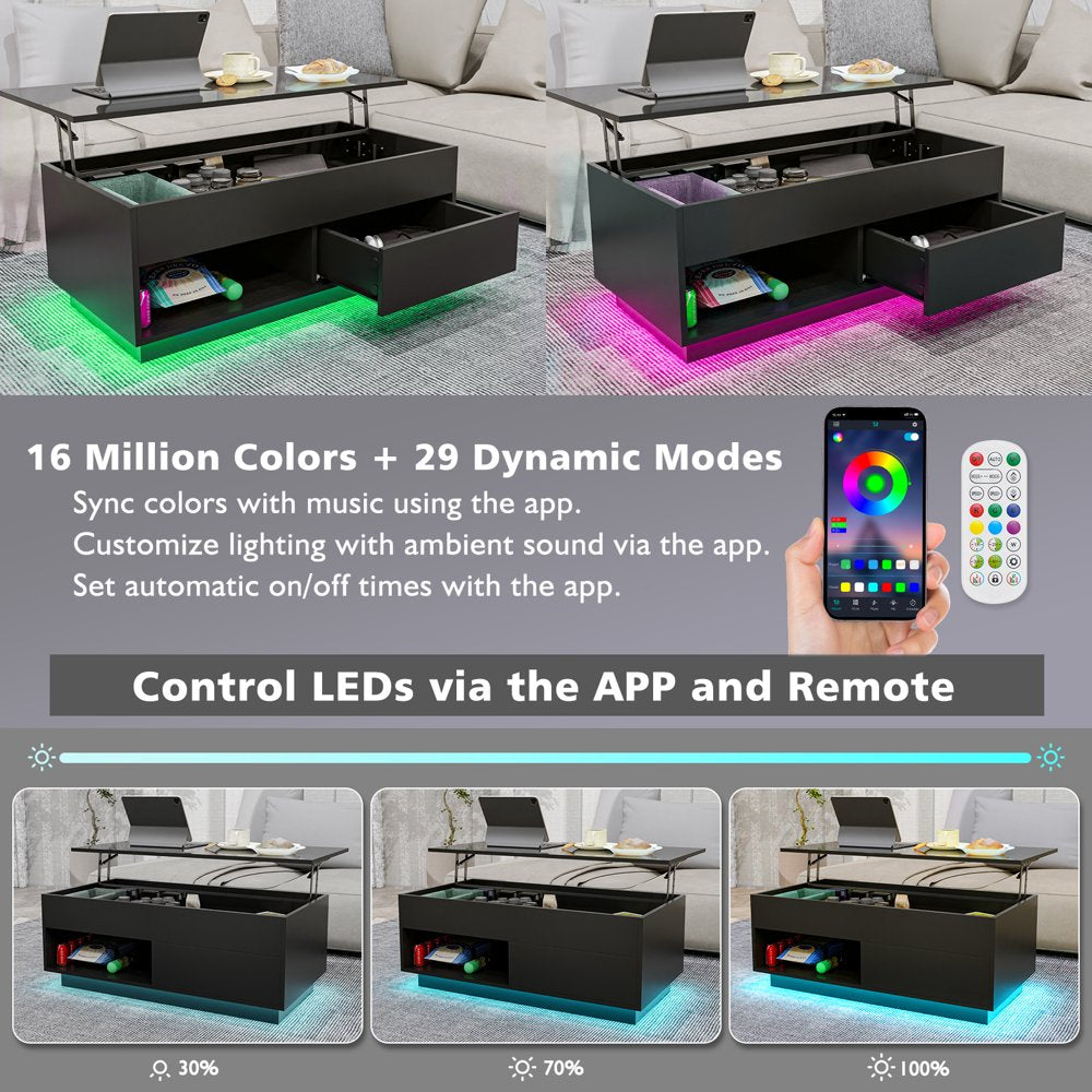 Lift Top Coffee Table with LED Modern 40" Rectangle Sofa Side Cocktail Table Rising Lifting Tables with Hidden Storage Drawer Open Shelf