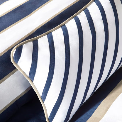 - Ashton - Comforter Set - Navy - Full/Queen - Striped Pattern - Includes 1 Comforter, 1 Decorative Pillow, 2 Shams