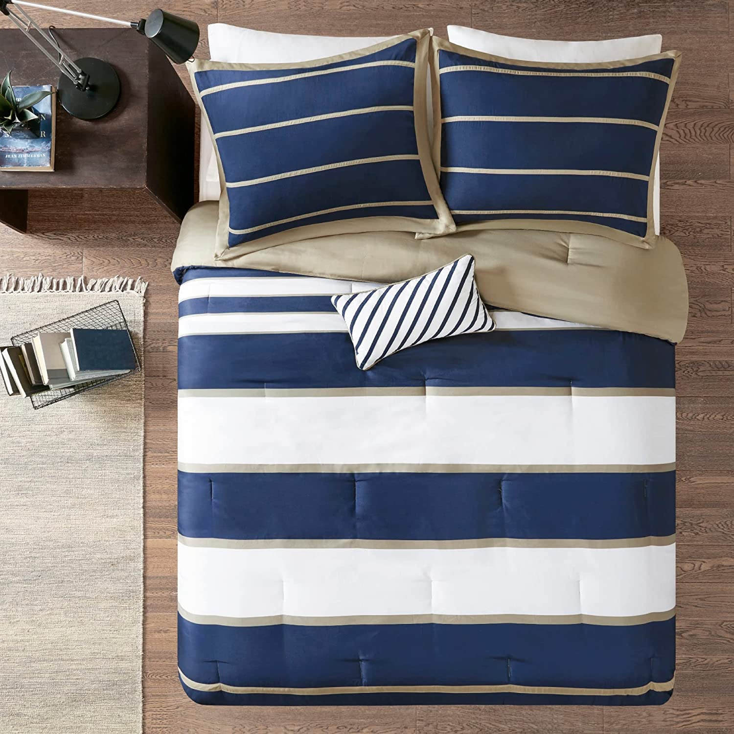 - Ashton - Comforter Set - Navy - Full/Queen - Striped Pattern - Includes 1 Comforter, 1 Decorative Pillow, 2 Shams