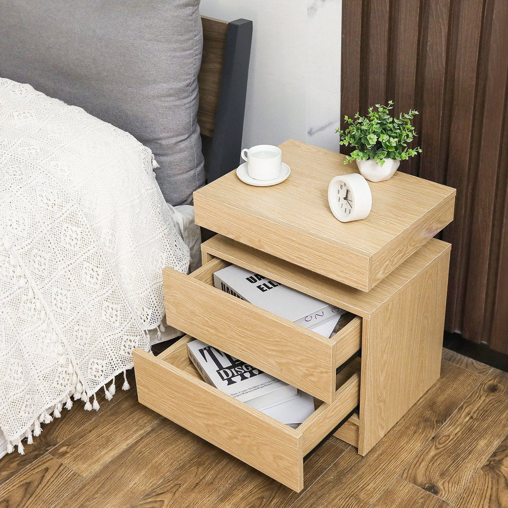 2 Drawer Modern Nightstand with RGB LED Light High Gloss Bedside Tables for Bedroom White