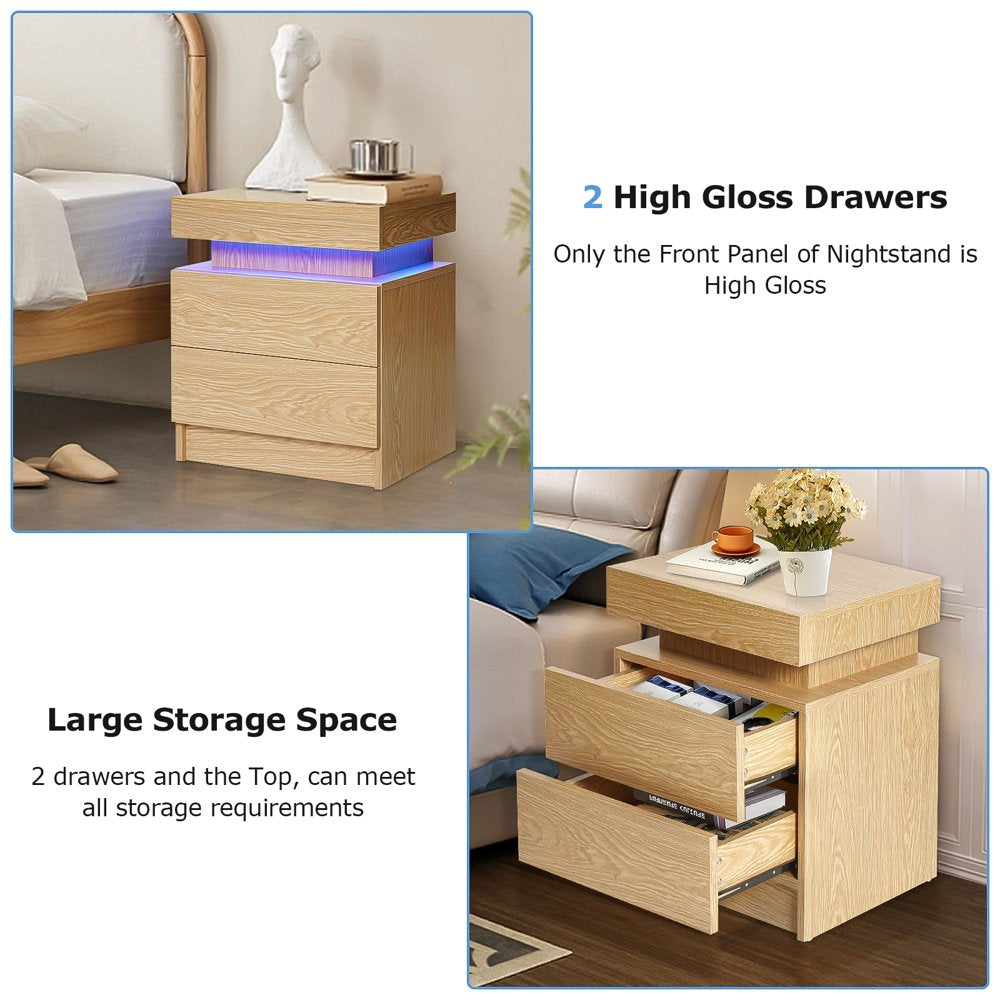 2 Drawer Modern Nightstand with RGB LED Light High Gloss Bedside Tables for Bedroom White