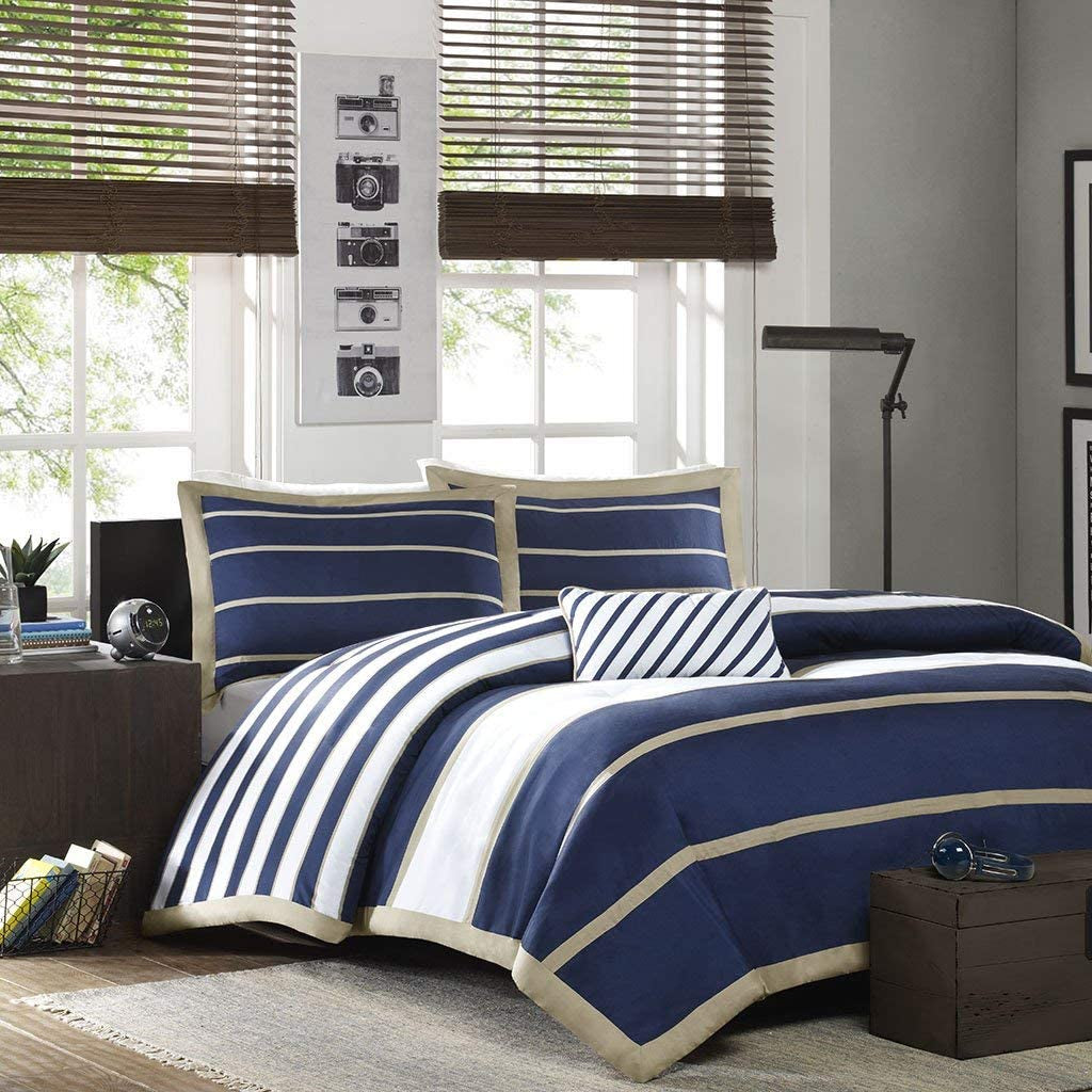 - Ashton - Comforter Set - Navy - Full/Queen - Striped Pattern - Includes 1 Comforter, 1 Decorative Pillow, 2 Shams