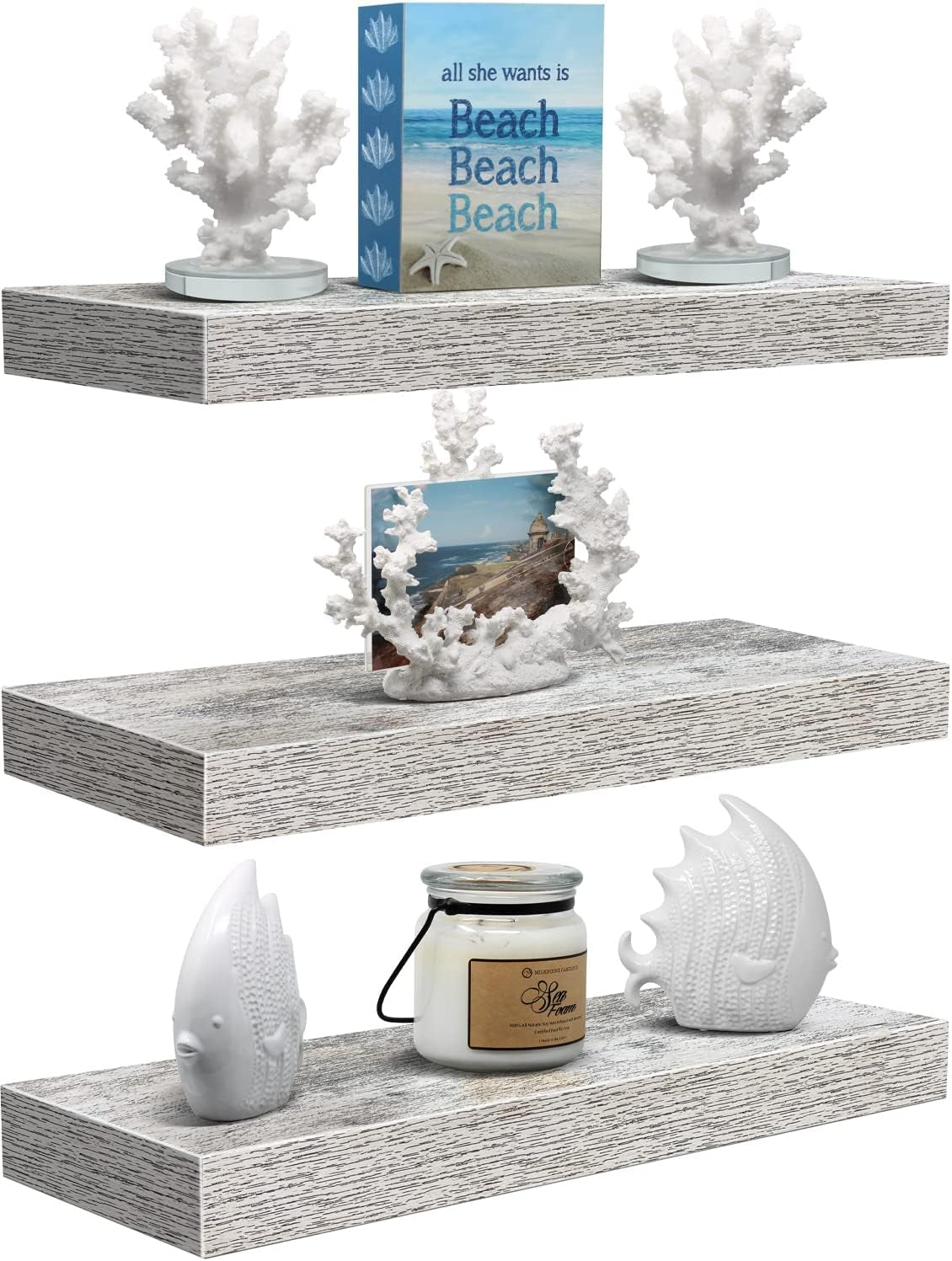 Floating Shelves - 3 Pack 16 Inch Rustic White Wall Shelves for Bedroom, Kitchen, Living Room, Bathroom Shelves, Home Decor, Office - Floating Shelf for Trophy, Books, Frames, Toilet Paper