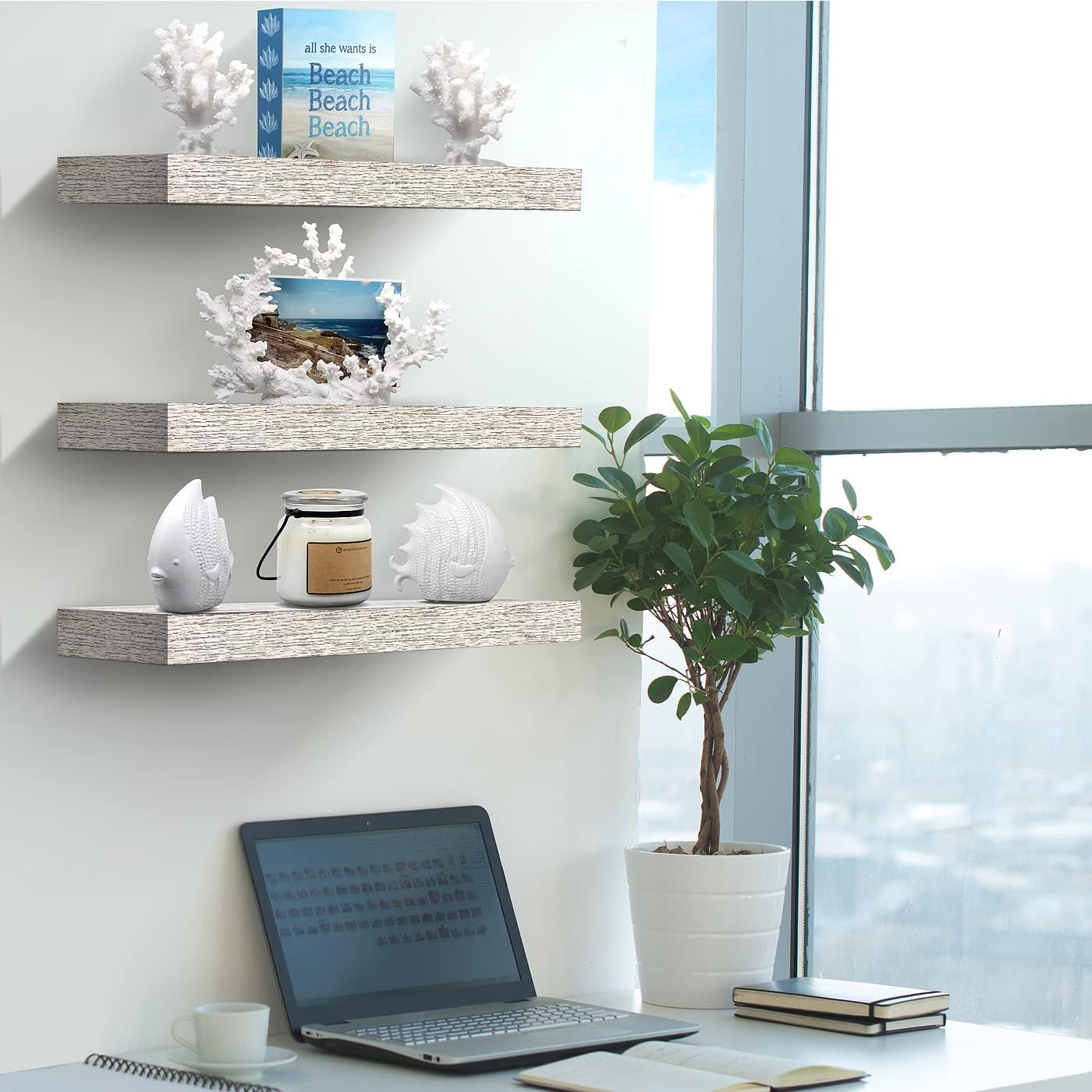 Floating Shelves - 3 Pack 16 Inch Rustic White Wall Shelves for Bedroom, Kitchen, Living Room, Bathroom Shelves, Home Decor, Office - Floating Shelf for Trophy, Books, Frames, Toilet Paper