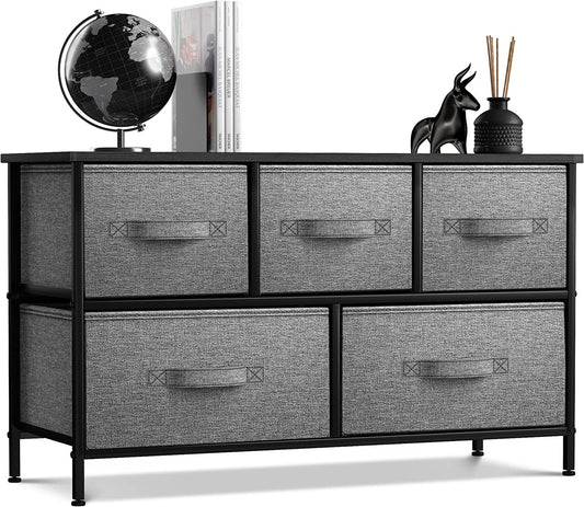 Dresser with 5 Drawers - Storage Chest Organizer Unit with Steel Frame, Wood Top, Easy Pull Fabric Bins - Long Wide TV Stand for Bedroom Furniture, Hallway, Closet & Office Organization