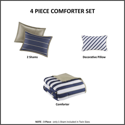 - Ashton - Comforter Set - Navy - Full/Queen - Striped Pattern - Includes 1 Comforter, 1 Decorative Pillow, 2 Shams