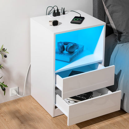 Open Shelf LED Nightstand with Charging Station 2 Drawers Bedside Table RGB Led Light Smart Nightstands White Night Table Storage High Gloss Side Table for Bedroom Furniture 26.77 in Tall