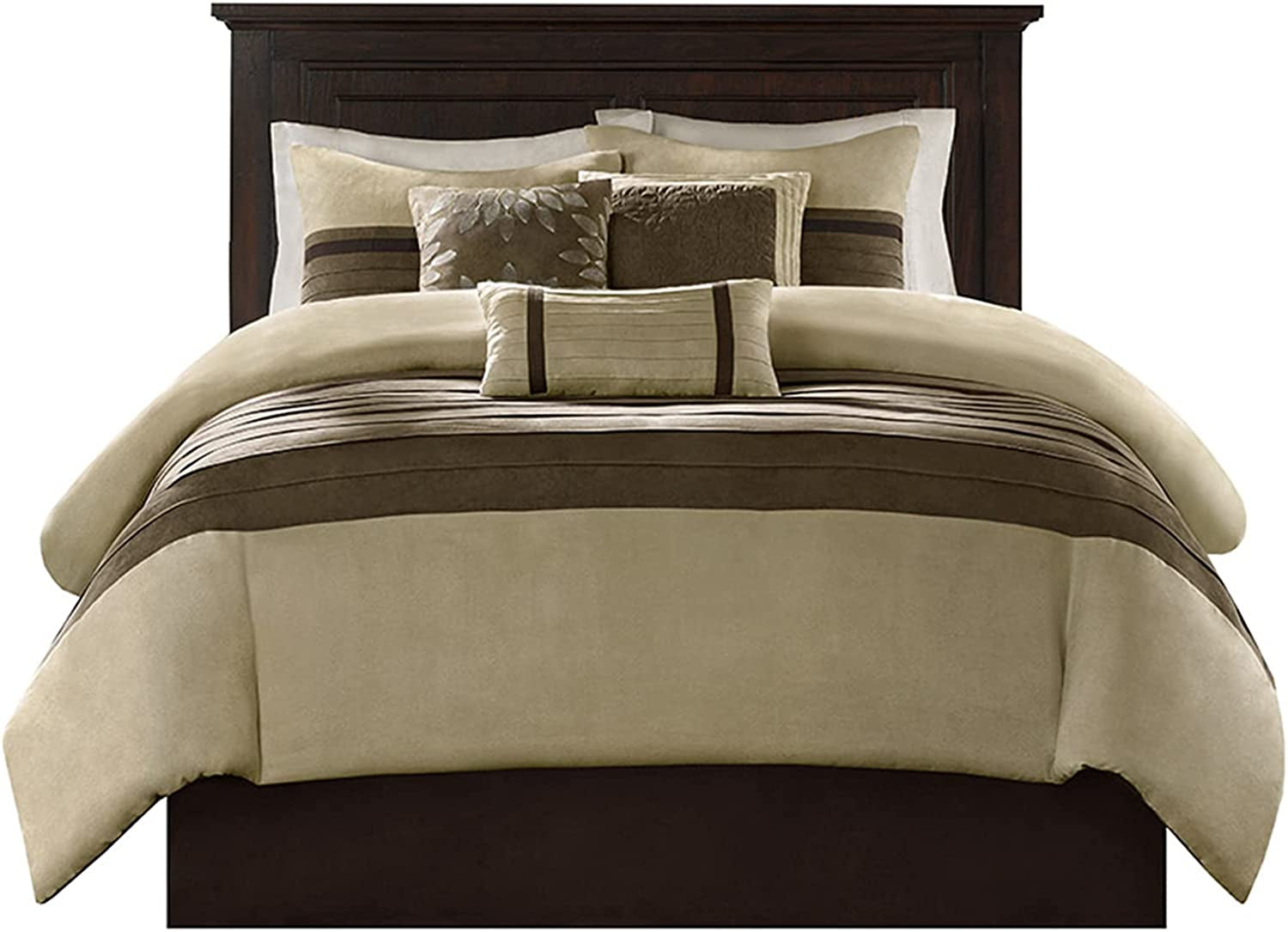 - Palmer 7 Piece Comforter Set - Natural - Queen - Pieced Microsuede - Includes 1 Comforter, 3 Decorative Pillows, 1 Bed Skirt, 2 Shams