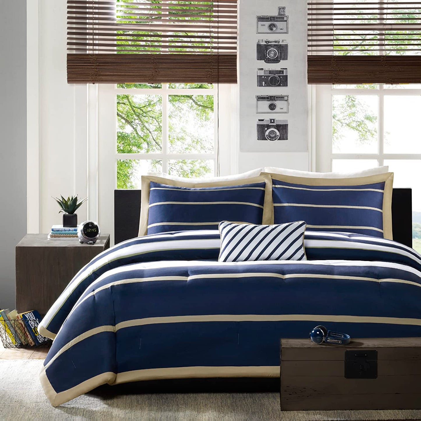 - Ashton - Comforter Set - Navy - Full/Queen - Striped Pattern - Includes 1 Comforter, 1 Decorative Pillow, 2 Shams