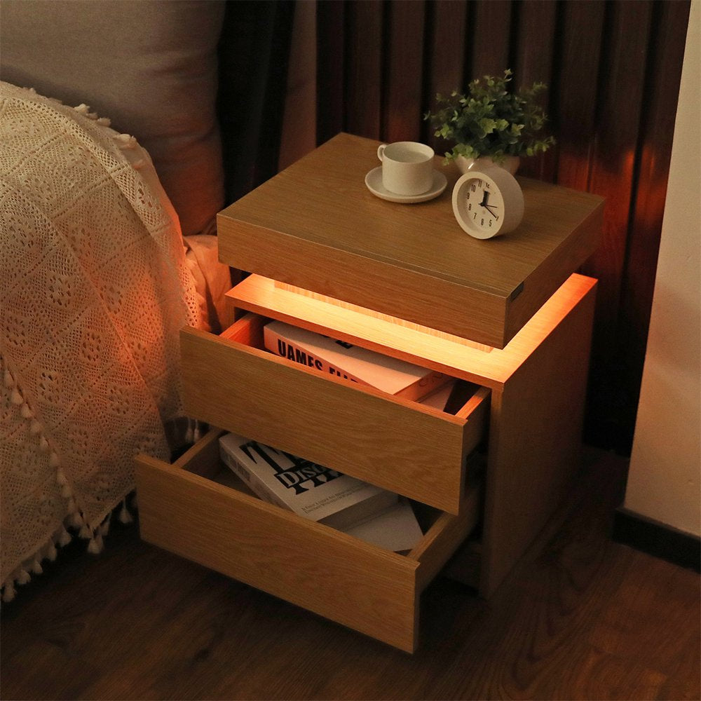 2 Drawer Modern Nightstand with RGB LED Light High Gloss Bedside Tables for Bedroom White